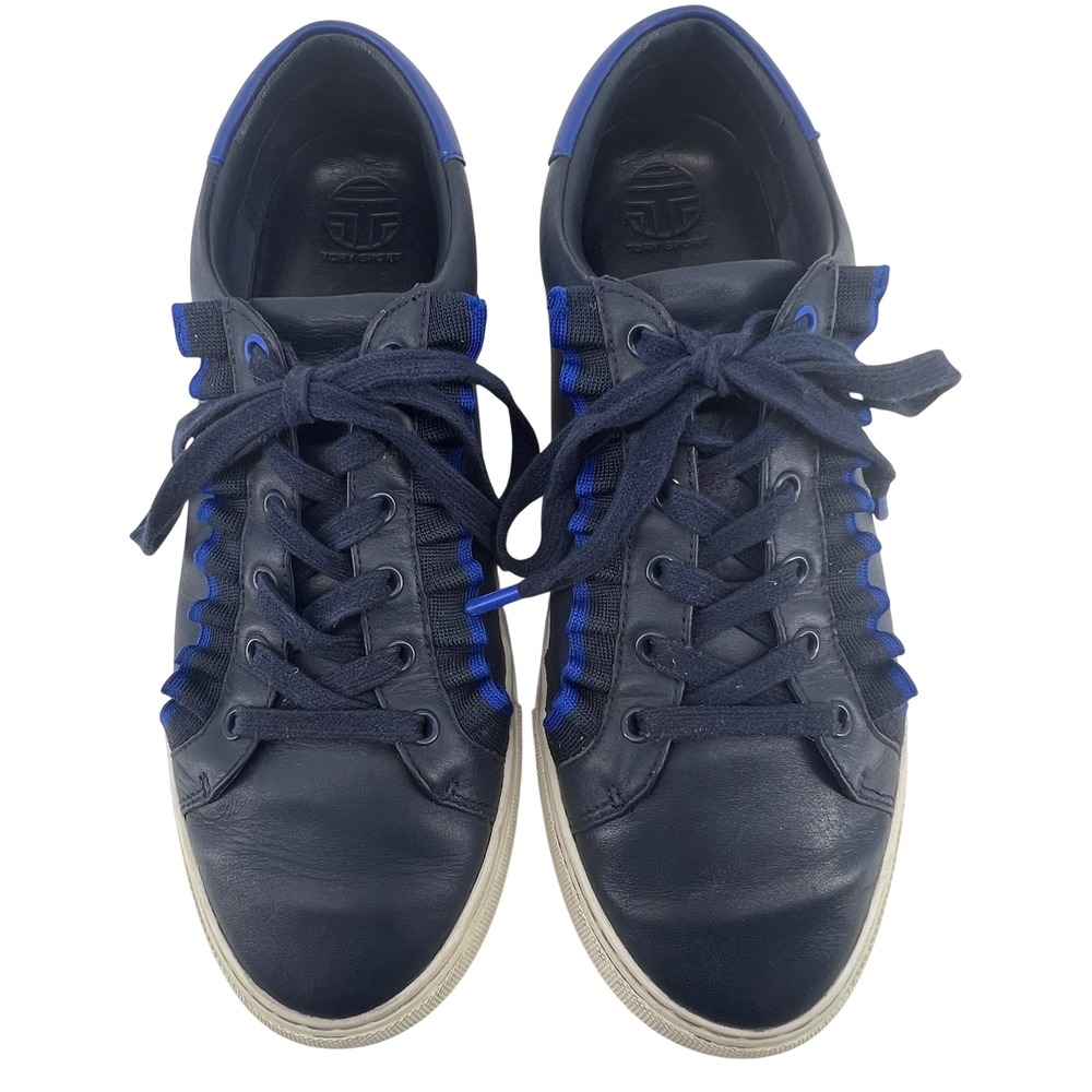 Tory Sport Ruffle Sneakers Navy Royal Blue Leather Low Top 10M 36558